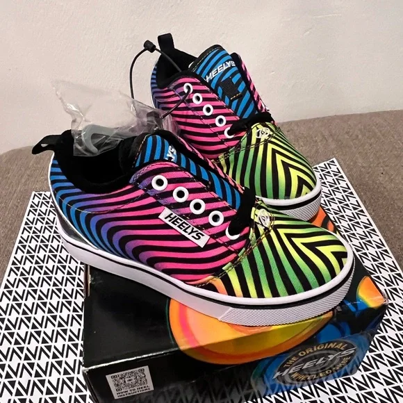 Heelys Kids Sneakers Neon Rainbow Stripe with Pink Wheels - Picture 2 of 4